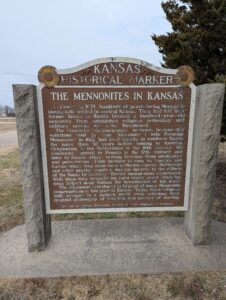 A historical marker about "the arrival of the Mennonites" in Kansas in 1874